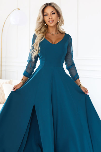 640-7 LORETTA Außergewöhnliches langes Kleid mit Tüllärmeln und Ausschnitt - meergrün