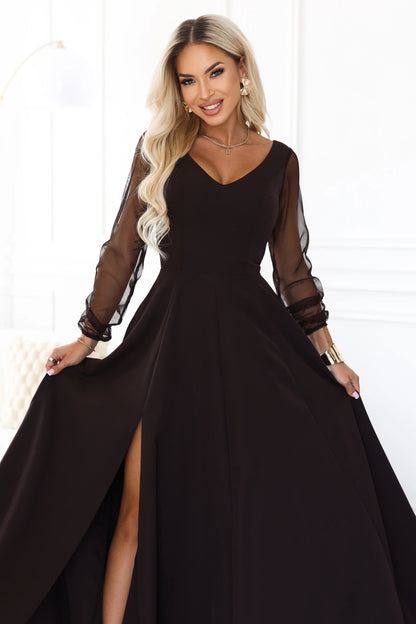 640-8 LORETTA Außergewöhnliches langes Kleid mit Tüllärmeln und Ausschnitt - schokoladenbraun