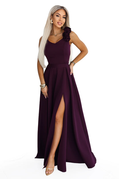 643-11 Elegantes Maxi-Abendkleid mit Schlitz und Rosen - reife Pflaume