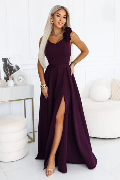 643-11 Elegantes Maxi-Abendkleid mit Schlitz und Rosen - reife Pflaume