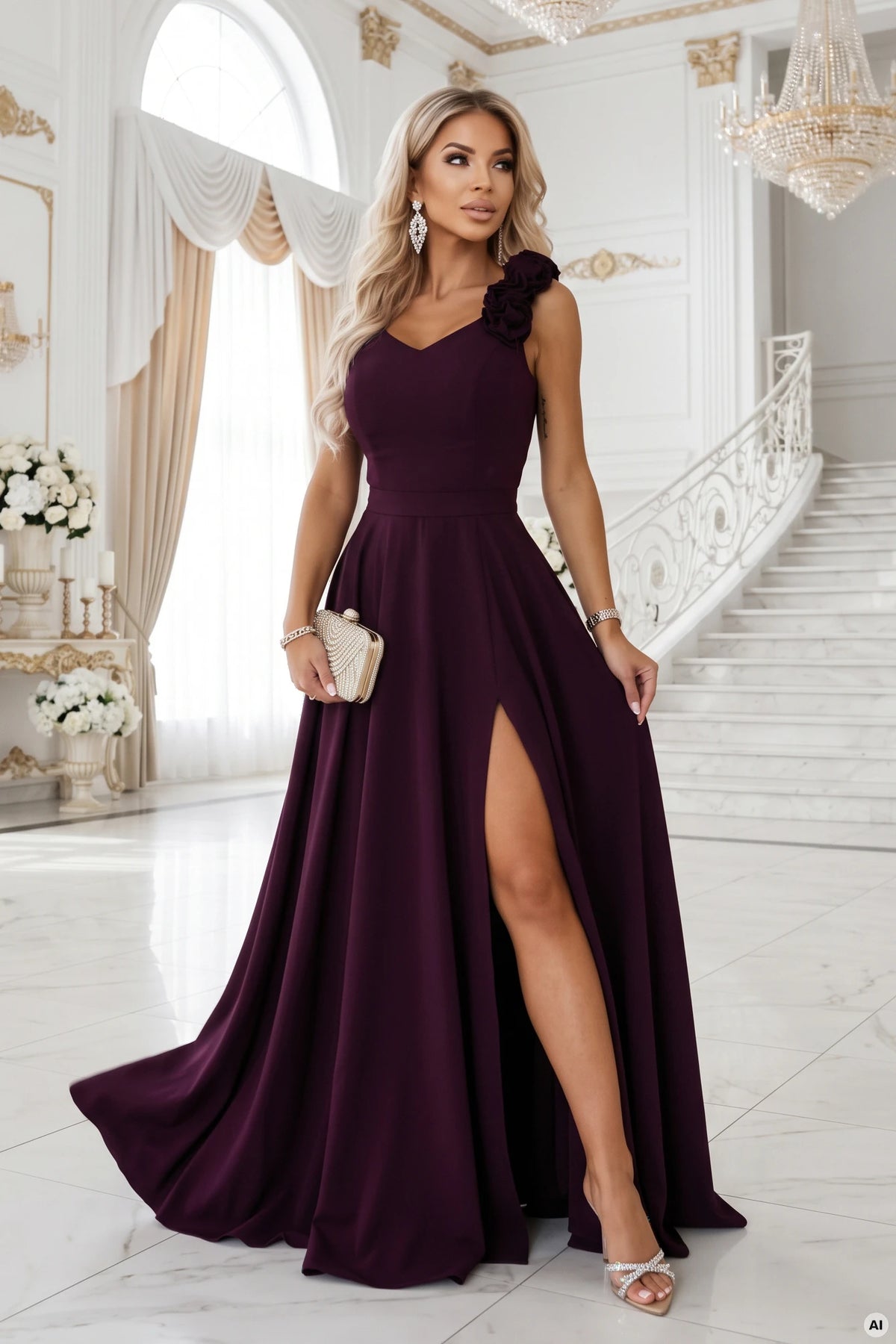 643-11 Elegantes Maxi-Abendkleid mit Schlitz und Rosen - reife Pflaume