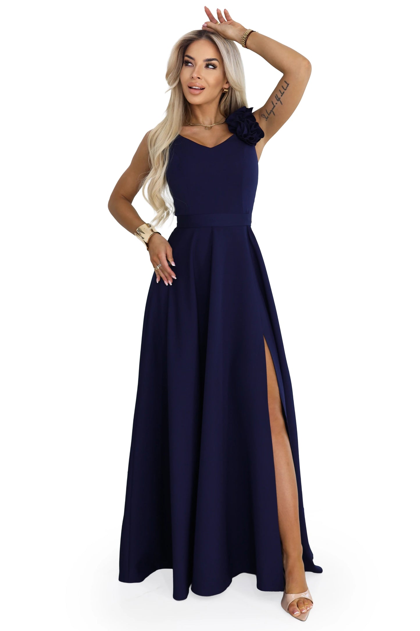 643-4 Elegantes langes Abendkleid mit Schlitz und Rosen - Marineblau