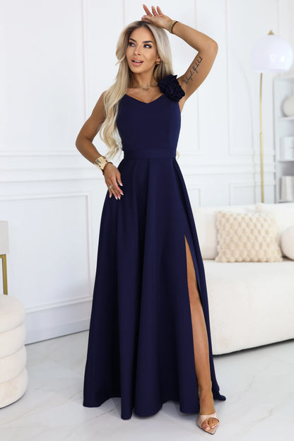 643-4 Elegantes langes Abendkleid mit Schlitz und Rosen - Marineblau