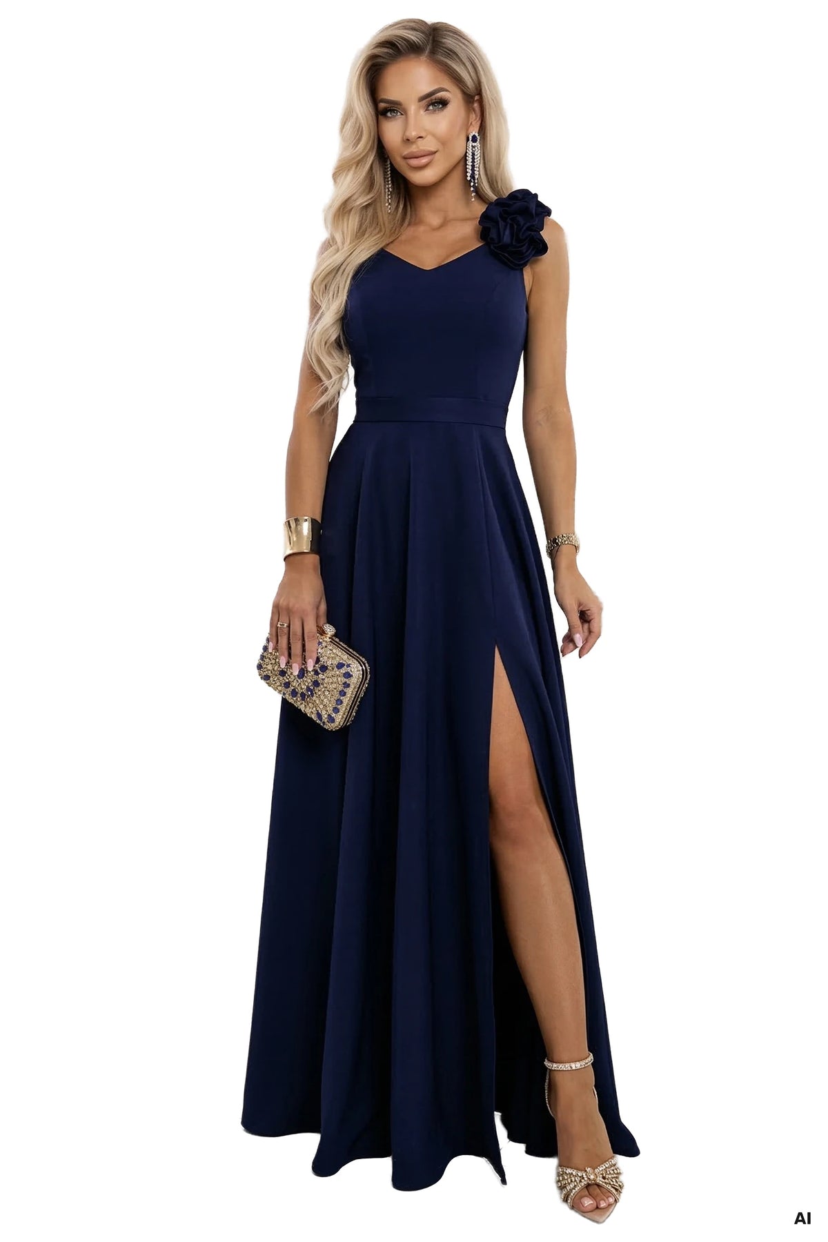 643-4 Elegantes langes Abendkleid mit Schlitz und Rosen - Marineblau