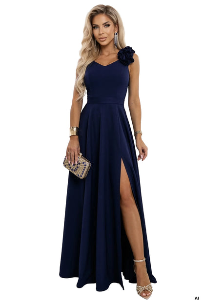 643-4 Elegantes langes Abendkleid mit Schlitz und Rosen - Marineblau