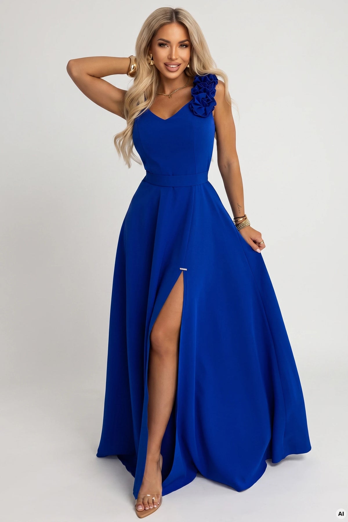 643-8 Elegantes Abend-Maxi-Kleid mit Schlitz und Rosen - Kornblumenblau