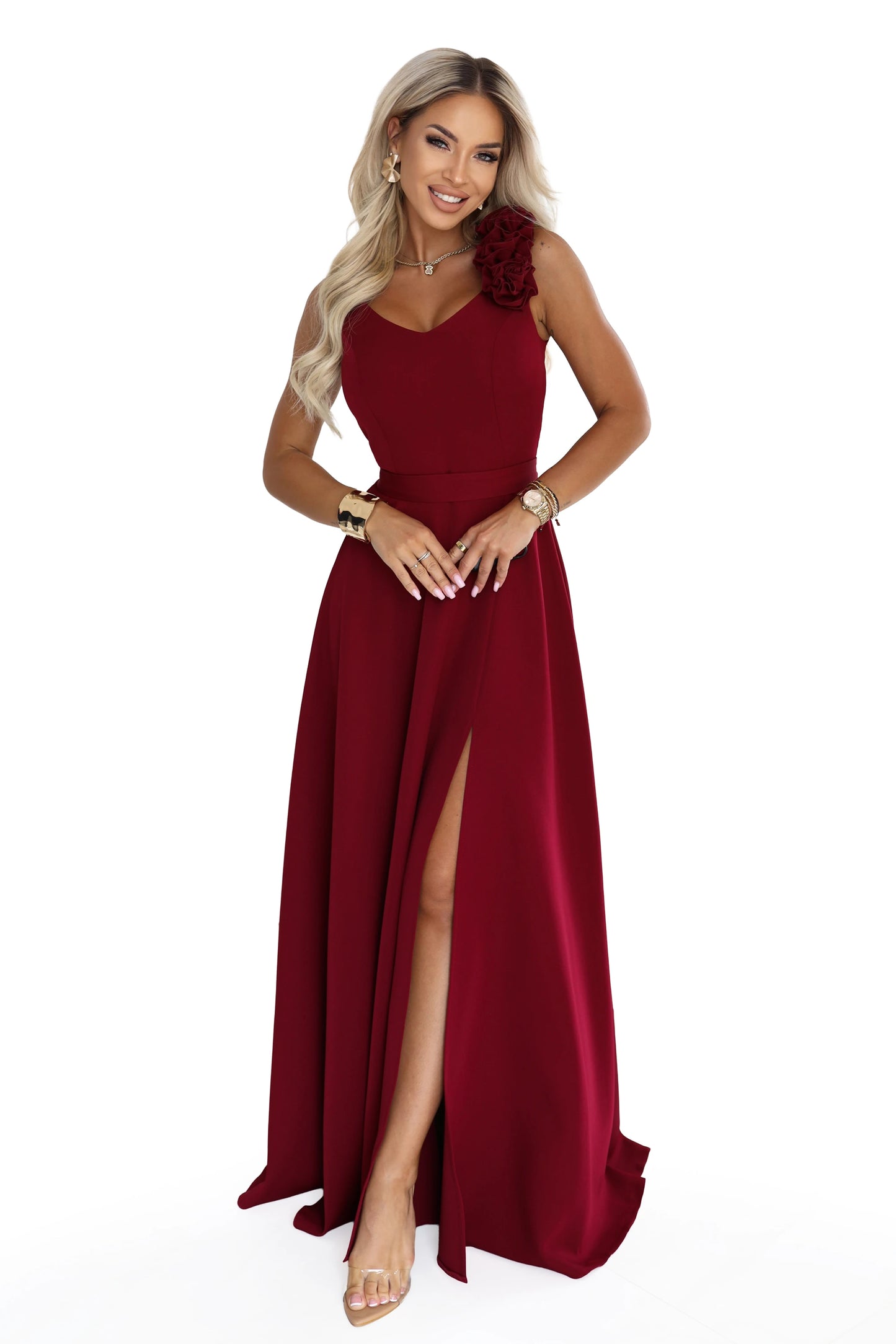 643-9 Elegantes Abend-Maxikleid mit Schlitz und Rosen - bordeauxrot