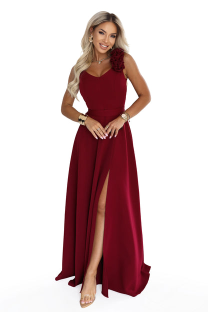 643-9 Elegantes Abend-Maxikleid mit Schlitz und Rosen - bordeauxrot