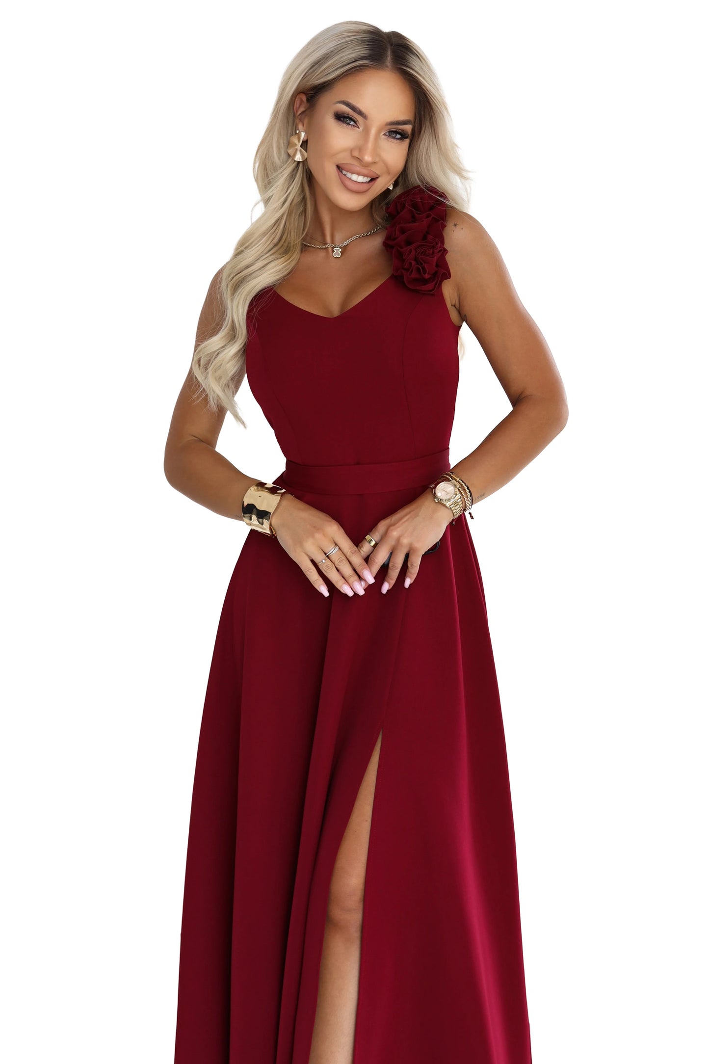 643-9 Elegantes Abend-Maxikleid mit Schlitz und Rosen - bordeauxrot