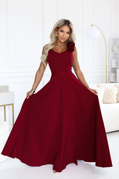 643-9 Elegantes Abend-Maxikleid mit Schlitz und Rosen - bordeauxrot