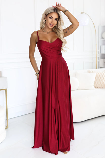 646-5 Langes Abendkleid mit Trägern und Beinschlitz - bordeauxrot