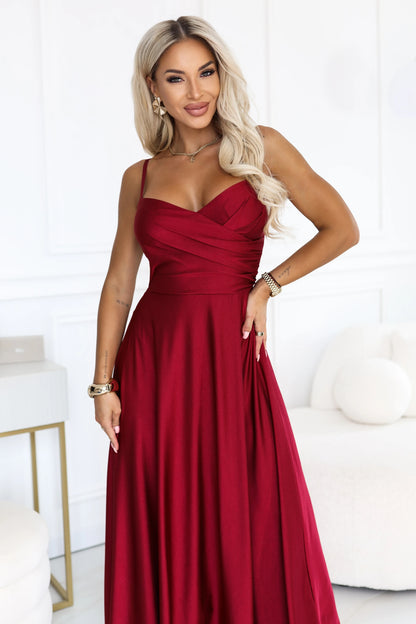 646-5 Langes Abendkleid mit Trägern und Beinschlitz - bordeauxrot