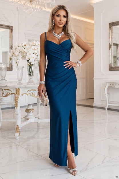 647-4 Figurbetontes langes Maxikleid mit Wickelausschnitt und Schlitz - meergrün