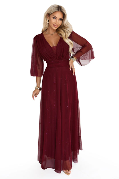 654-6 Langes schimmerndes Plus-Size-Kleid mit Ausschnitt und transparentem Ärmel - bordeauxrot