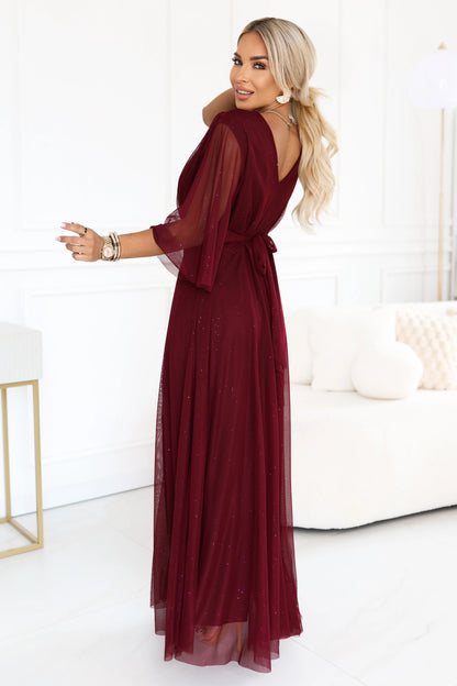 654-6 Langes schimmerndes Plus-Size-Kleid mit Ausschnitt und transparentem Ärmel - bordeauxrot