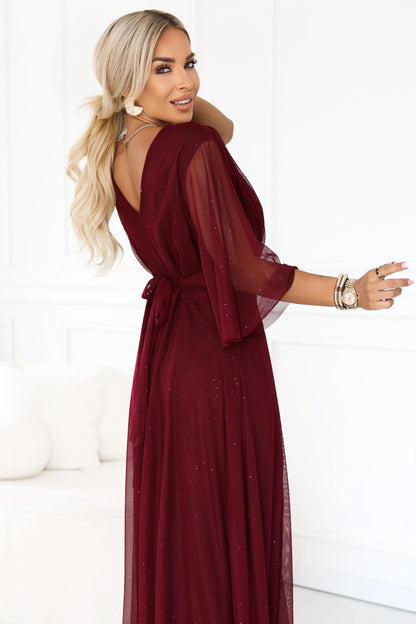 654-6 Langes schimmerndes Plus-Size-Kleid mit Ausschnitt und transparentem Ärmel - bordeauxrot