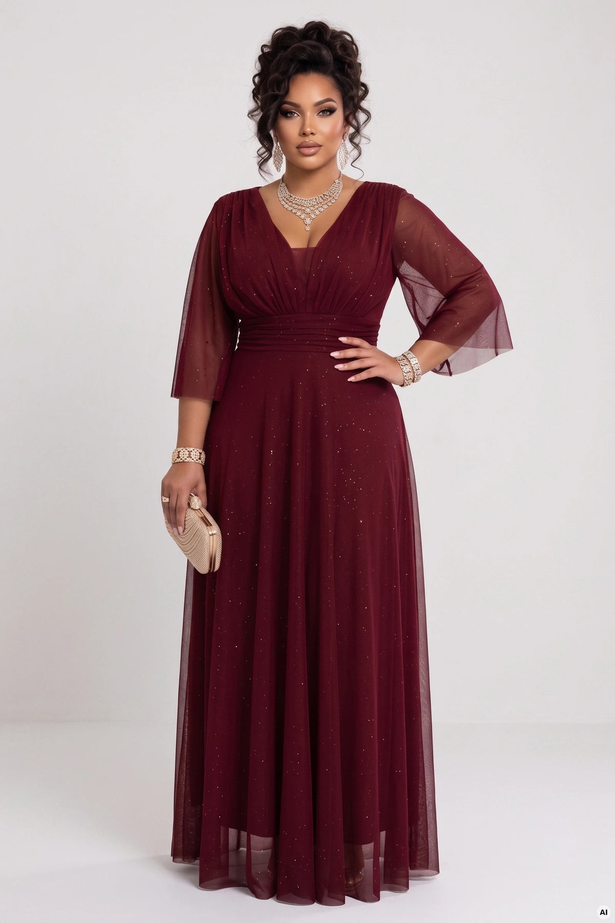 654-6 Langes schimmerndes Plus-Size-Kleid mit Ausschnitt und transparentem Ärmel - bordeauxrot