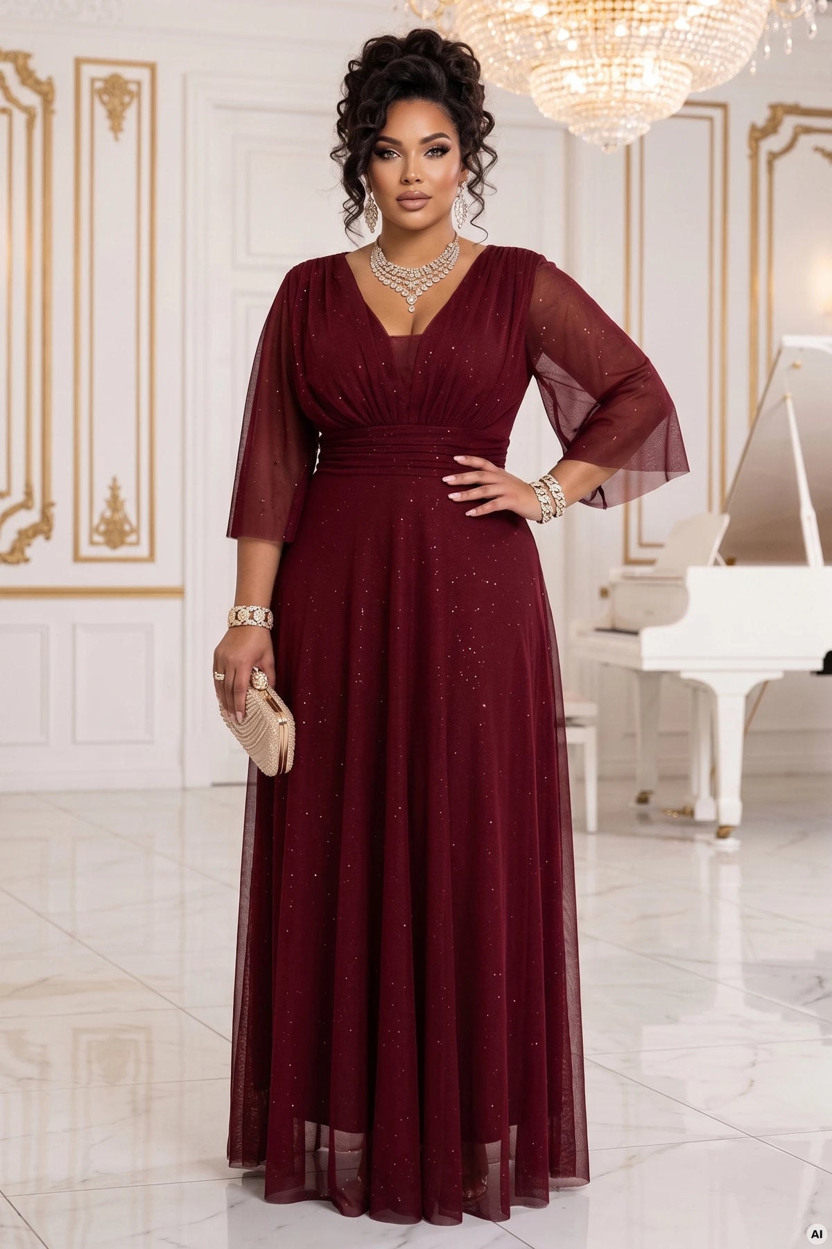 654-6 Langes schimmerndes Plus-Size-Kleid mit Ausschnitt und transparentem Ärmel - bordeauxrot