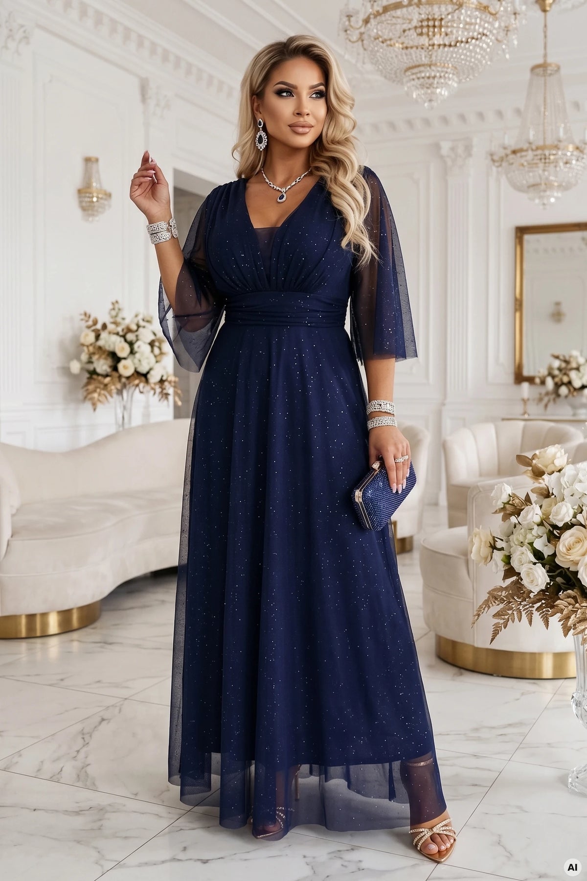 654-7 Langes schimmerndes Plus-Size-Kleid mit Ausschnitt und transparentem Ärmel - marineblau