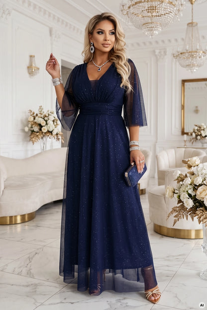 654-7 Langes schimmerndes Plus-Size-Kleid mit Ausschnitt und transparentem Ärmel - marineblau