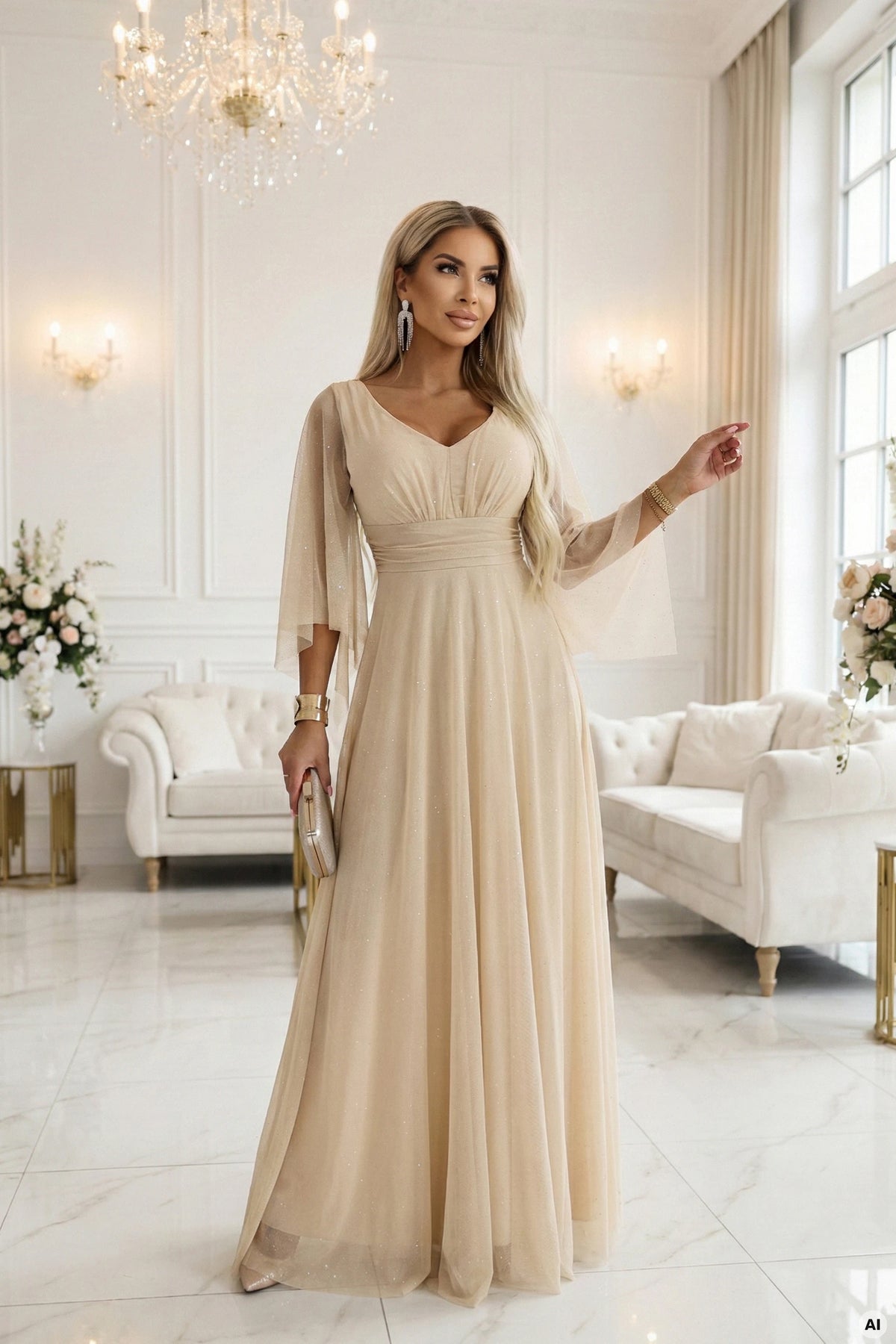 655-4 Ein langes, schimmerndes Kleid mit tiefem Ausschnitt und transparenten Ärmeln - champagnerbeige