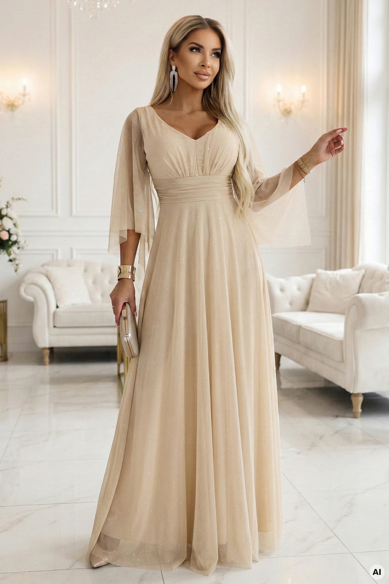 655-4 Ein langes, schimmerndes Kleid mit tiefem Ausschnitt und transparenten Ärmeln - champagnerbeige