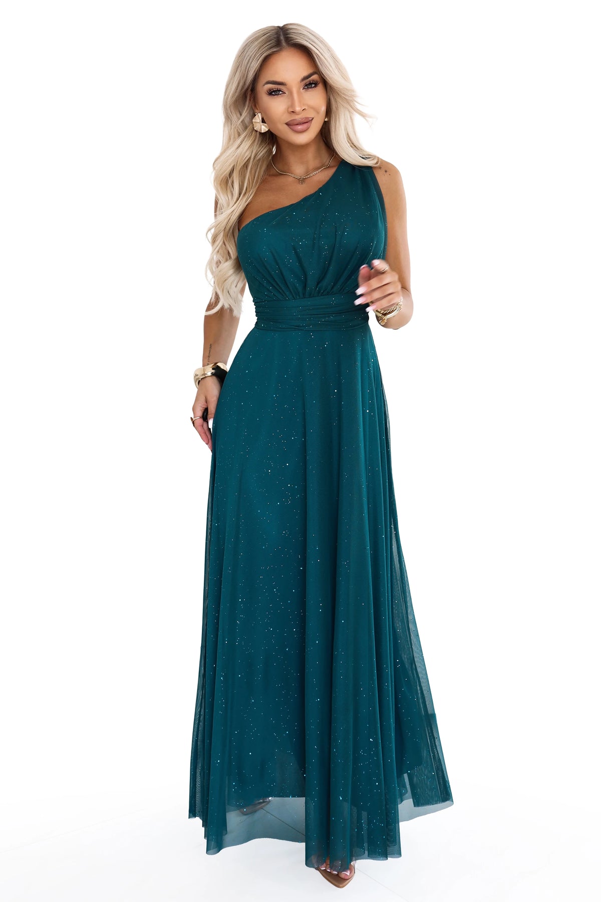 656-4 Langes glitzerndes Abendkleid mit einer Schulter - Flaschengrün