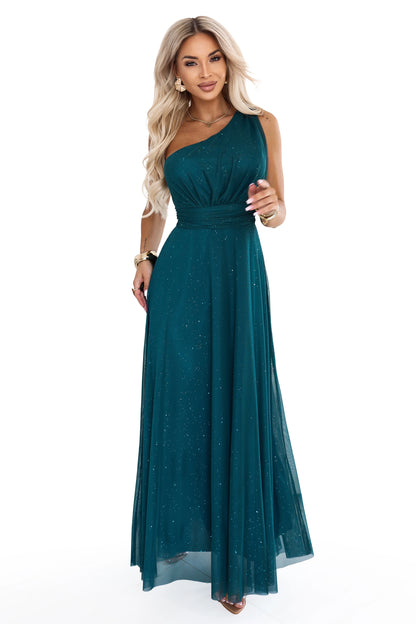 656-4 Langes glitzerndes Abendkleid mit einer Schulter - Flaschengrün