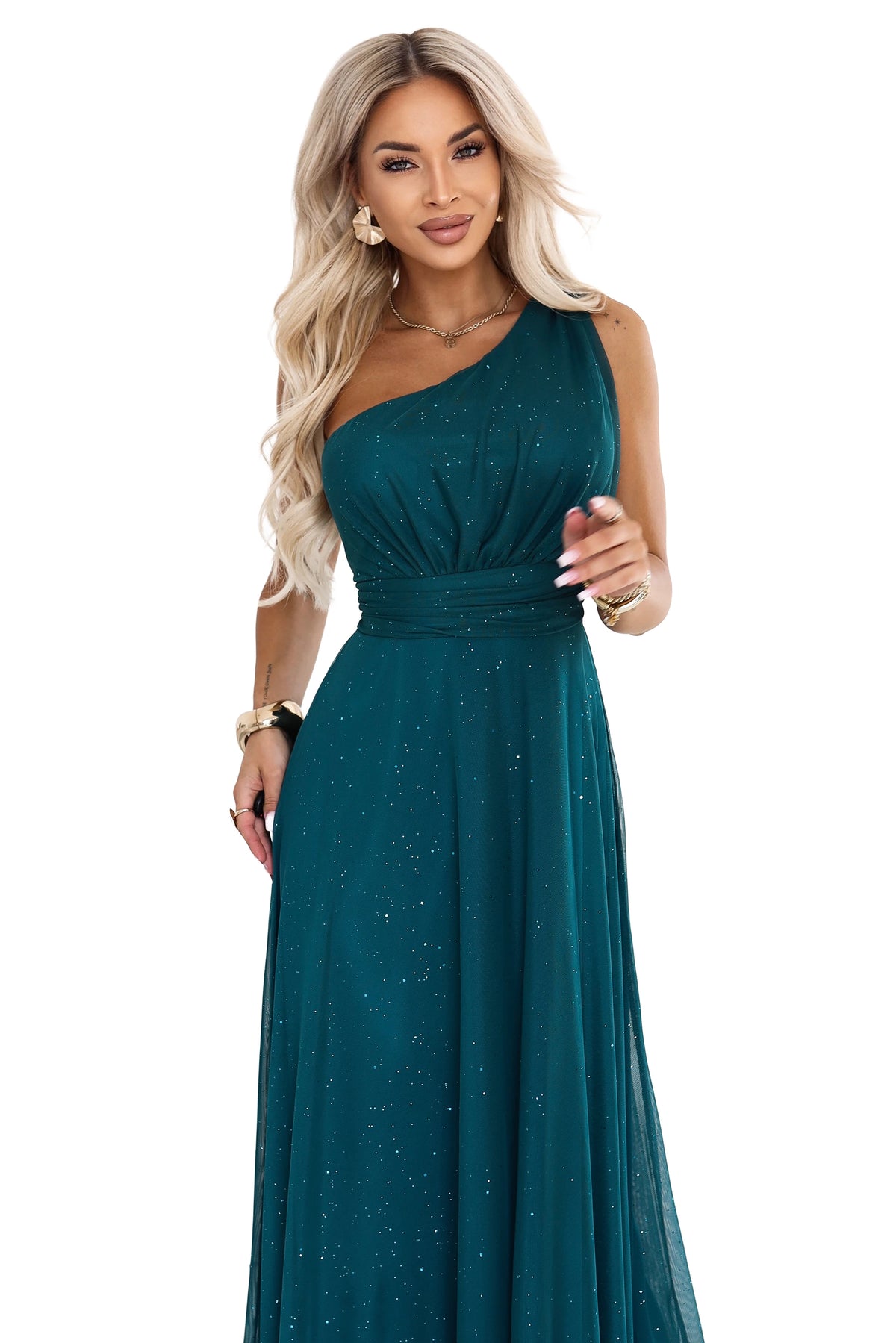 656-4 Langes glitzerndes Abendkleid mit einer Schulter - Flaschengrün