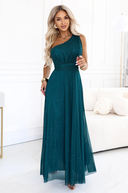 656-4 Langes glitzerndes Abendkleid mit einer Schulter - Flaschengrün