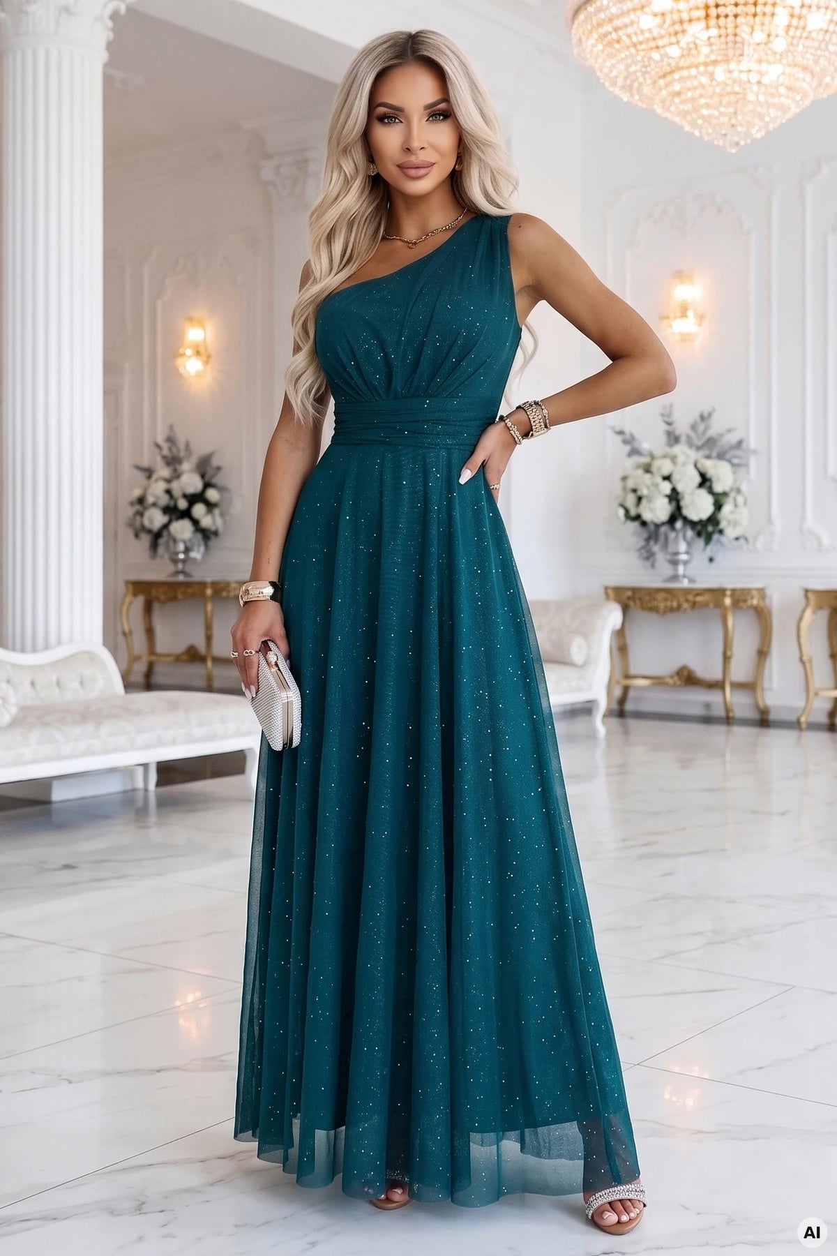 656-4 Langes glitzerndes Abendkleid mit einer Schulter - Flaschengrün