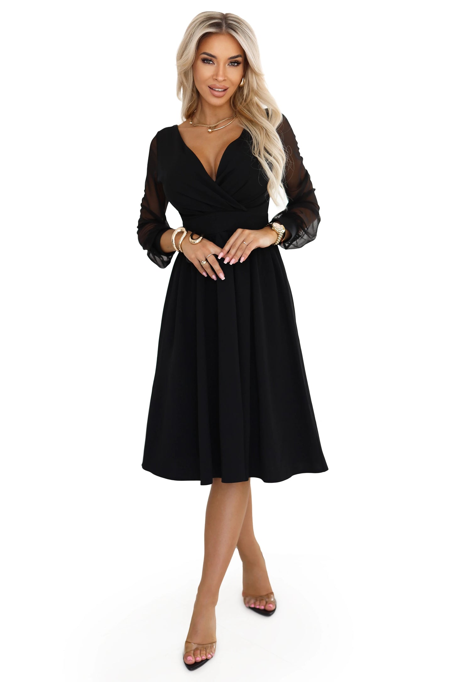 657-1 Elegantes Midikleid mit Wickelausschnitt und Tüllärmeln