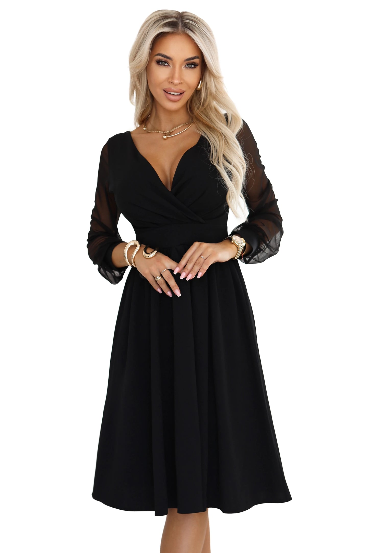 657-1 Elegantes Midikleid mit Wickelausschnitt und Tüllärmeln