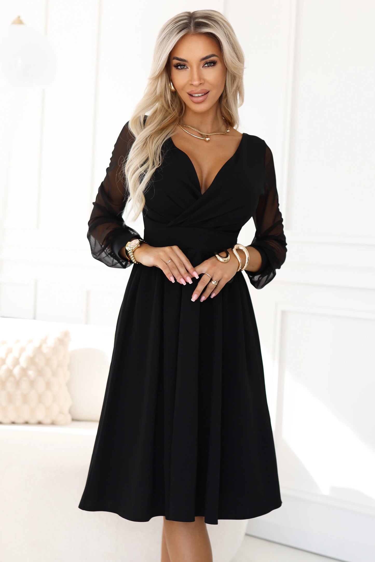 657-1 Elegantes Midikleid mit Wickelausschnitt und Tüllärmeln