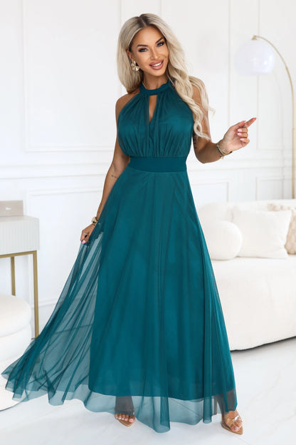 662-4 Elegantes Abend-Maxikleid mit Halter-Ausschnitt, Tüll und Taillenband