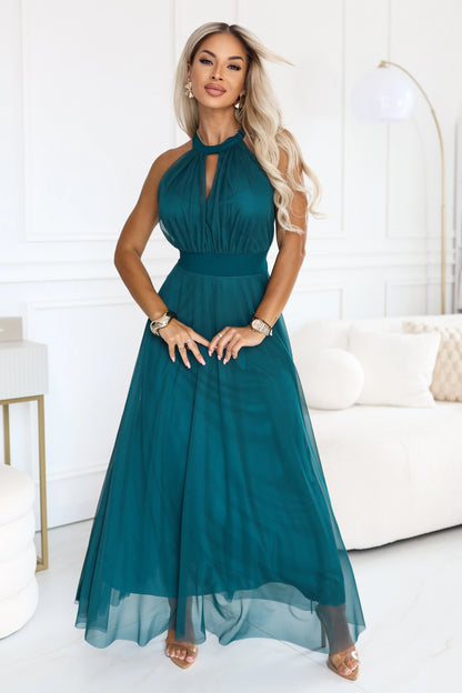 662-4 Elegantes Abend-Maxikleid mit Halter-Ausschnitt, Tüll und Taillenband