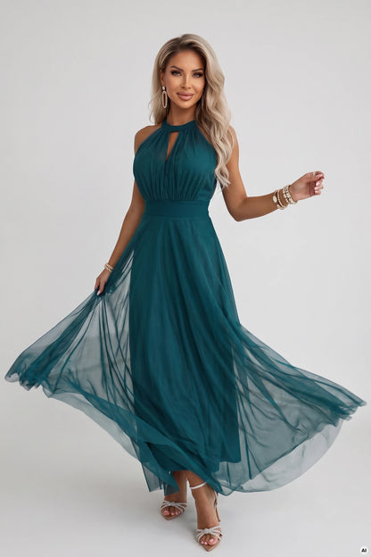 662-4 Elegantes Abend-Maxikleid mit Halter-Ausschnitt, Tüll und Taillenband