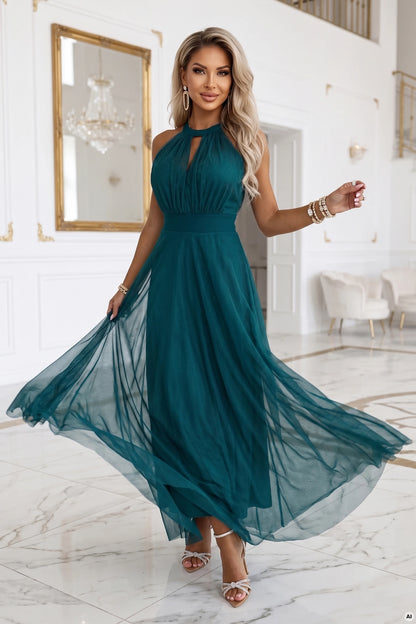 662-4 Elegantes Abend-Maxikleid mit Halter-Ausschnitt, Tüll und Taillenband