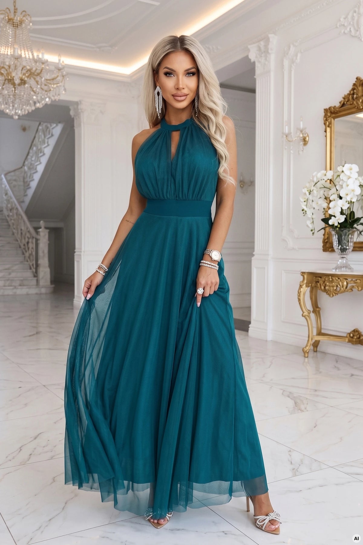 662-4 Elegantes Abend-Maxikleid mit Halter-Ausschnitt, Tüll und Taillenband