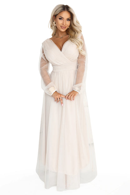 664-6 Langes Maxikleid mit Tüllärmeln und Wickelausschnitt