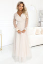 664-6 Langes Maxikleid mit Tüllärmeln und Wickelausschnitt
