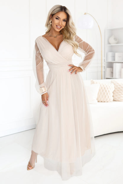 664-6 Langes Maxikleid mit Tüllärmeln und Wickelausschnitt
