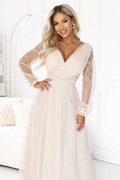664-6 Langes Maxikleid mit Tüllärmeln und Wickelausschnitt