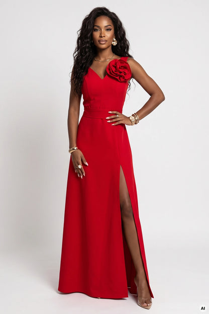 669-4 Romantisches Maxi-Kleid mit Blume auf der Schulter und Schlitz