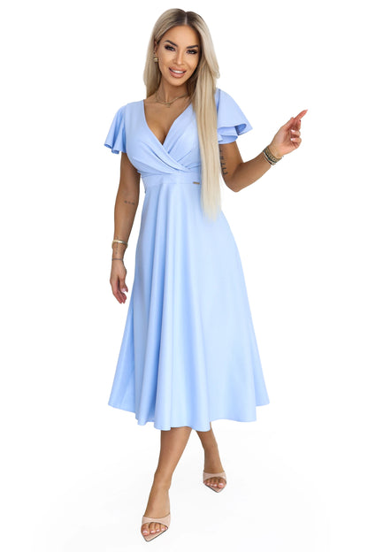 675-1 Ausgestelltes Midi-Kleid mit Wickelausschnitt und Glitzerschimmer - Hellblau