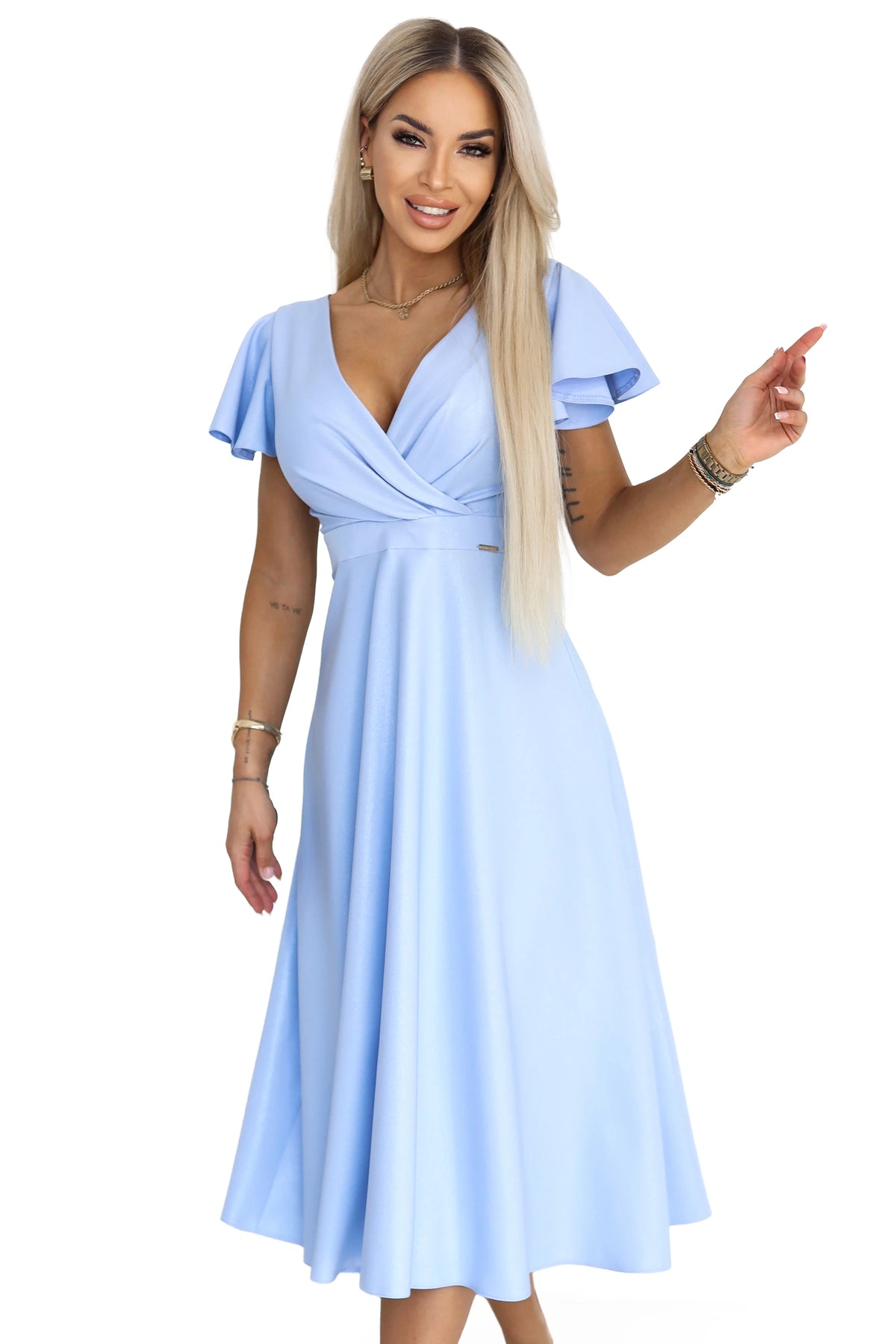 675-1 Ausgestelltes Midi-Kleid mit Wickelausschnitt und Glitzerschimmer - Hellblau