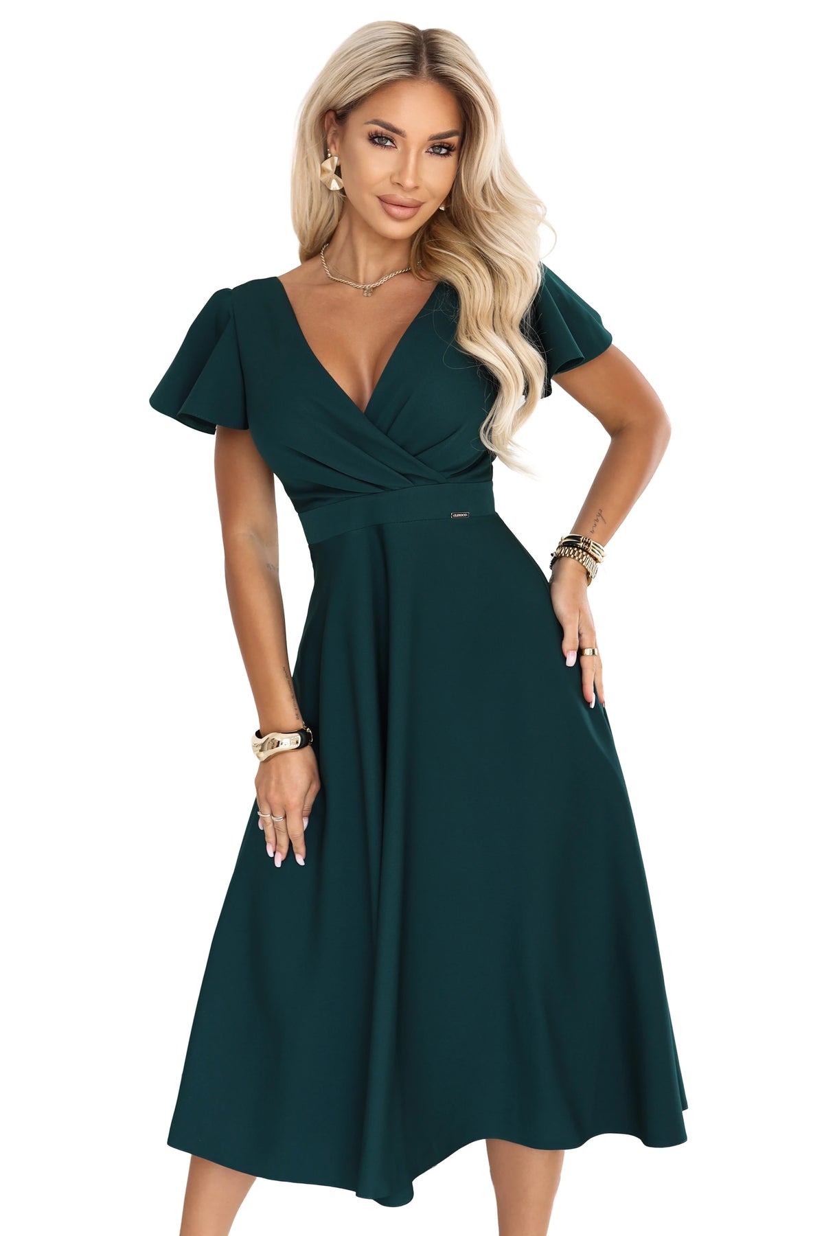 675-2 Ausgestelltes Midikleid mit Wickelausschnitt und kurzem Ärmel