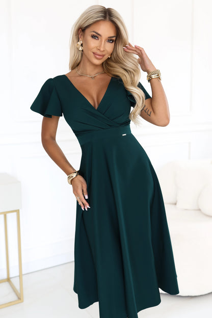 675-2 Ausgestelltes Midikleid mit Wickelausschnitt und kurzem Ärmel
