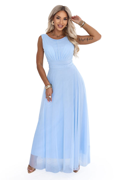 678-1 ELIRA Langes Tüll-Maxi-Kleid mit rundem Ausschnitt - Hellblau