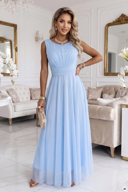 678-1 ELIRA Langes Tüll-Maxi-Kleid mit rundem Ausschnitt - Hellblau